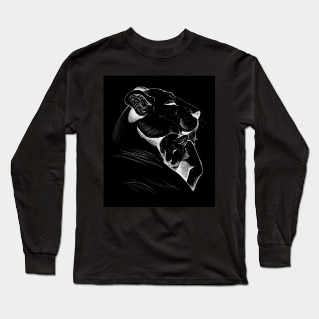 Dark Lion and Cub Long Sleeve T-Shirt by Lady Lilac